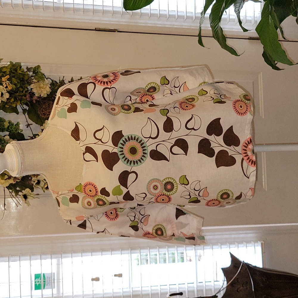 HOT COTTON white linen top pink sage brown aqua floral print 3/4 sleeve Med EUC